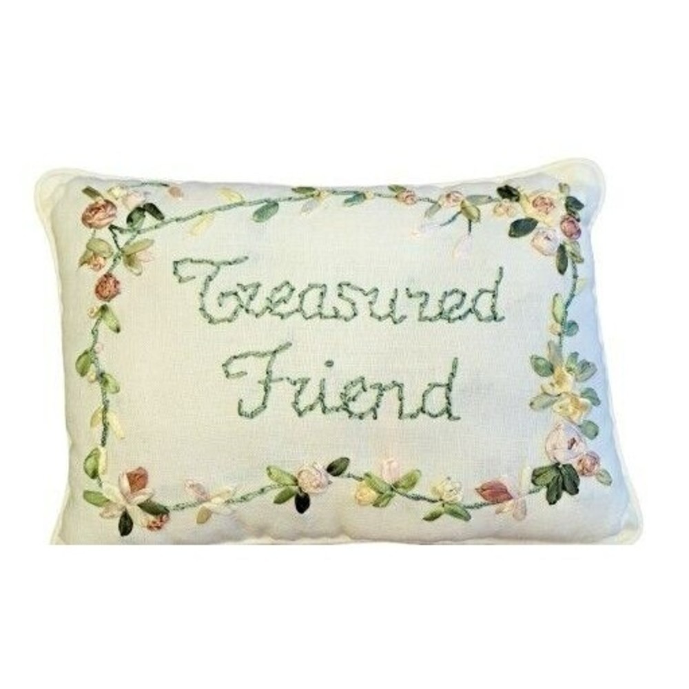 Treasured Friend Silk Ribbon Embroidery Floral Accent Pillow Cream 11x8